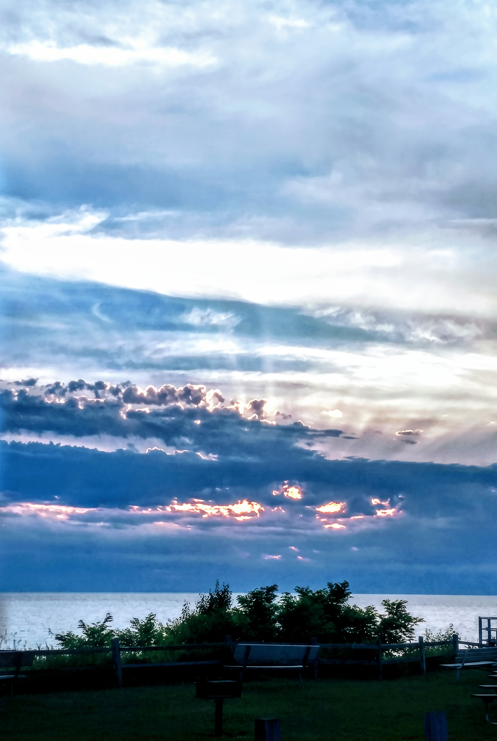 Sunset behind tall pines on the Leelanau Peninsula
