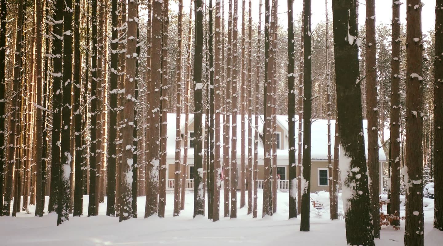 Inn The Pines among snowy pines in winter